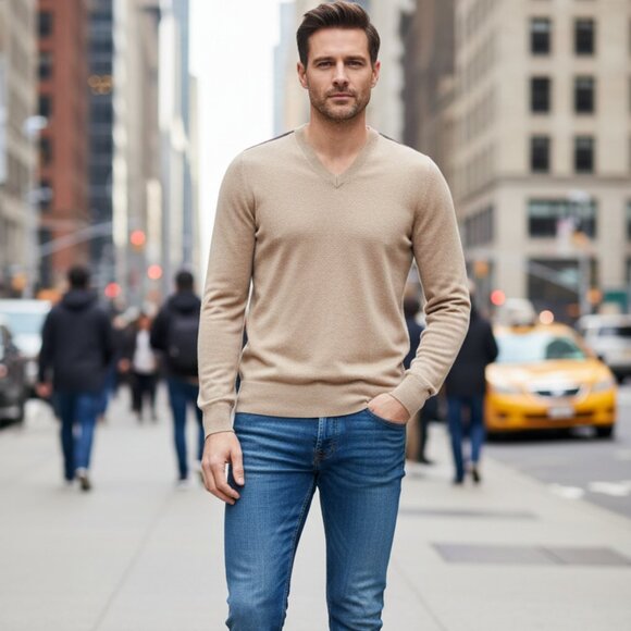 Burberry Brit Sweater Mens Medium V-Neck Cashmere Cotton Nova Check Shoulders - Picture 1 of 14